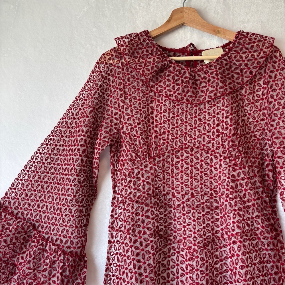 Doen Heirloom Red sheer Constellation poppy Ruffled Tiered Gown Dress size large - Picture 4 of 16